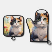 Calico Cat im Frühlingspark mit Schmetterlingen Ofenhandschuh & Topflappen-Set (Vorderseite)