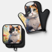 Calico Cat im Frühlingspark mit Schmetterlingen Ofenhandschuh & Topflappen-Set (Vorderseite/Rückseite)