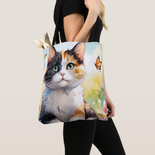 Calico Cat im Frühlingspark mit Schmetterlingen Tasche