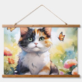 Calico Cat im Frühlingspark mit Schmetterlingen Wandteppich Mit Holzrahmen (Vorne)