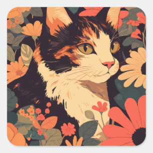 Calico Cat mit Blume Japanisch Ästhetik Quadratischer Aufkleber