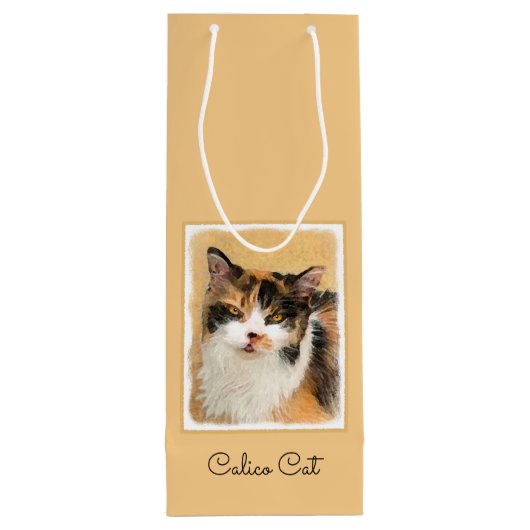 Calico Cat Painting - Niedliche Original Cat Art Geschenktüte Für Weinflaschen (Rückseite)