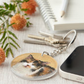 Calico Cat Painting - Niedliche Original Cat Art Schlüsselanhänger (Vorderseite rechts)