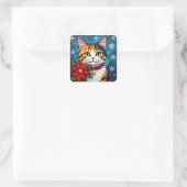 Calico Cat, Poinsettias and Snowflakes Christmas Quadratischer Aufkleber (Tasche)