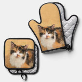 Calico Cat Portrait Malerei Niedliche Kunst Ofenhandschuh & Topflappen-Set (Vorderseite/Rückseite)