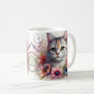 Calico Cat Portrait mit Blume Kaffeetasse