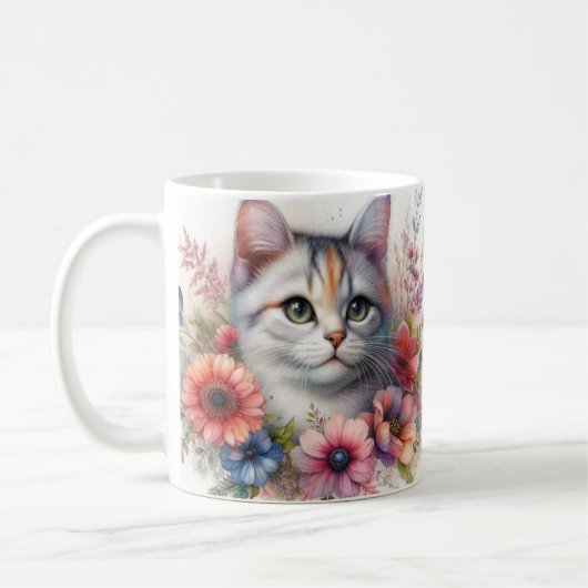 Calico Cat Portrait mit Blume Kaffeetasse (Links)