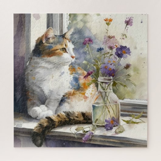 Calico Cat Purple Flowers Puzzle (Vertikal)