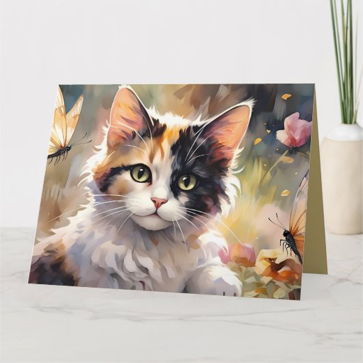 Calico Cat, Schmetterlinge Frühlingsgarten Dankeskarte (Vorderseite)