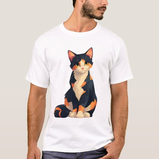 Calico Cat Sitting Illustration T-Shirt (Vorderseite)