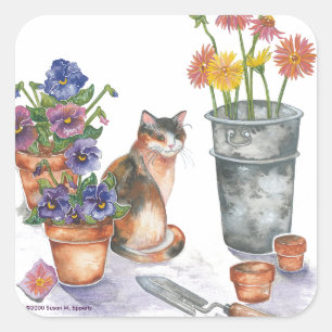 Calico Cat Stiefmütterchen Daisies Watercolor "Don Quadratischer Aufkleber