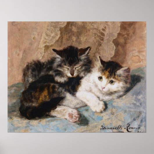 Calico Cat und Gray Kitten Kunstmalerei Poster (Vorne)