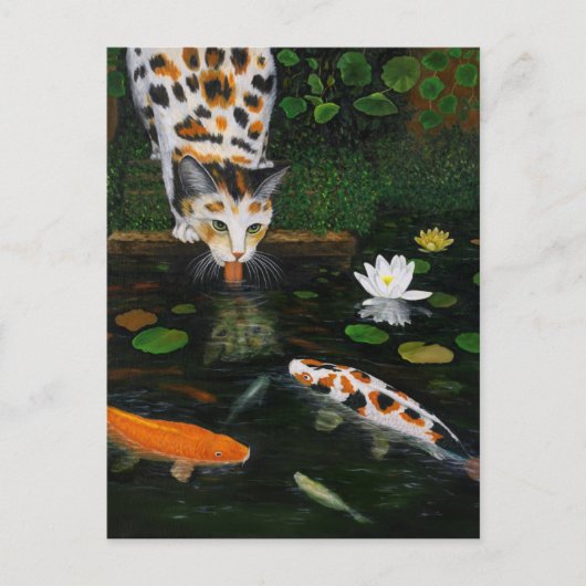 Calico Cat und Koi Fish Postkarte (Vorderseite)