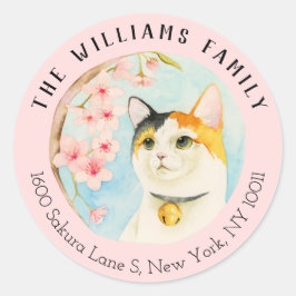 Calico Cat und Sakura | Family Address Label Runder Aufkleber