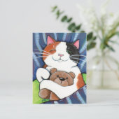 Calico Cat und Teddy Bear | Cat Art Postcard Postkarte (Stehend Vorderseite)
