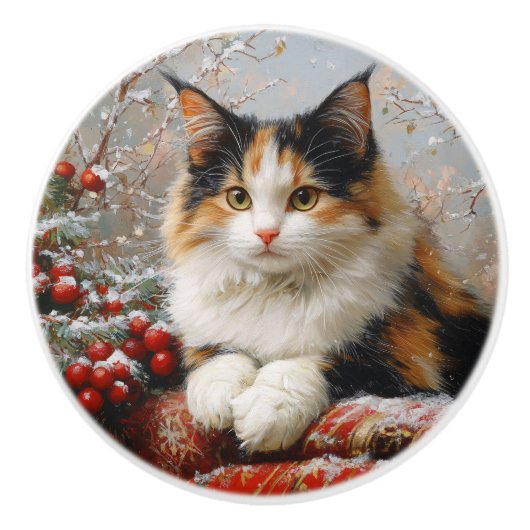 Calico Cat Winter Scene Painting Keramikknauf (Vorderseite)