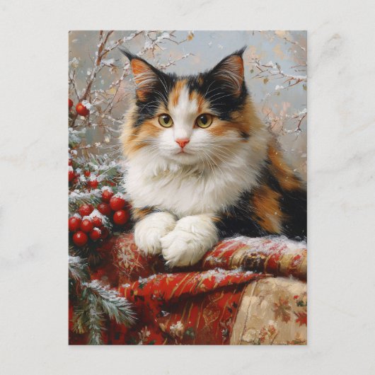 Calico Cat Winter Scene Painting Postkarte (Vorderseite)