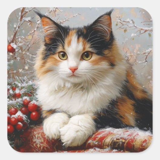 Calico Cat Winter Scene Painting Quadratischer Aufkleber (Vorderseite)