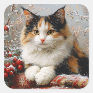 Calico Cat Winter Scene Painting Quadratischer Aufkleber