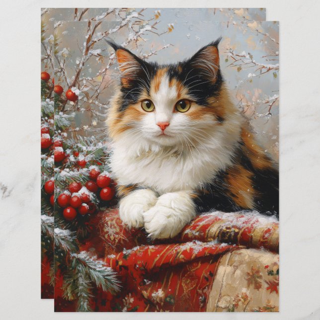 Calico Cat Winter Scene Scrapbook Paper (Vorne/Hinten)