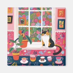 Calico-Katze auf Fensterbank Pop Art Magnet