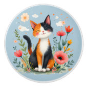 Calico Katze im blühenden Garten lächeln Keramikknauf (Vorderseite)