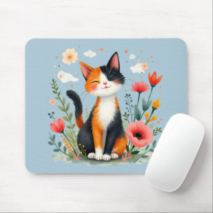 Calico Katze im blühenden Garten lächeln Mousepad