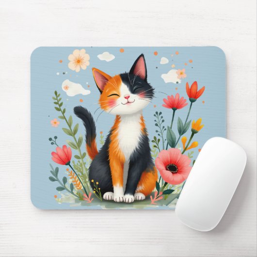 Calico Katze im blühenden Garten lächeln Mousepad (Mit Mouse)
