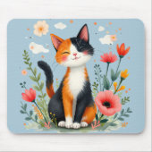 Calico Katze im blühenden Garten lächeln Mousepad (Vorne)