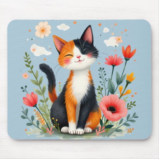 Calico Katze im blühenden Garten lächeln Mousepad (Vorne)