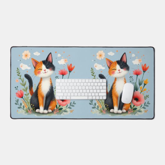 Calico Katze im blühenden Garten lächeln Schreibtischunterlage (Tastatur & Maus)