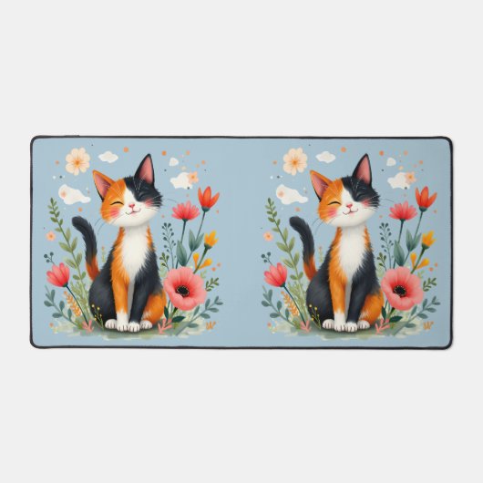 Calico Katze im blühenden Garten lächeln Schreibtischunterlage (Vorderseite)