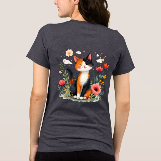 Calico Katze im blühenden Garten lächeln Tri-Blend Shirt (Rückseite)
