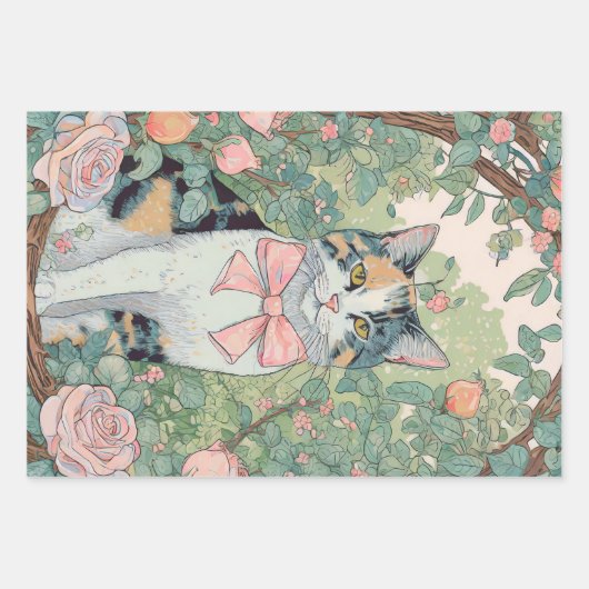 Calico Katze im Garten mit Blume Geschenkpapier Set (Vorderseite 2)