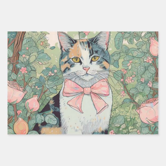 Calico Katze im Garten mit Blume Geschenkpapier Set (Vorderseite 3)