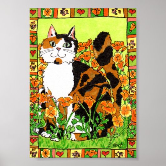 Calico Katze mit California Poppies Folk Art Poster (Vorne)