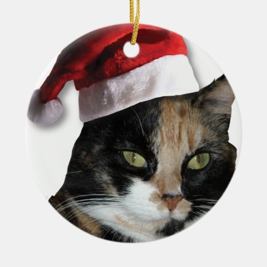 Calico Katze mit einem Santa Claus Hat Keramik Ornament (Vorne)