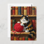 Calico Katze mit Garn auf einer virtuellen Bibliot Postkarte (Vorne/Hinten)