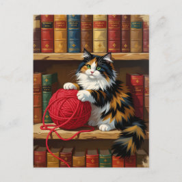 Calico Katze mit Garn auf einer virtuellen Bibliot Postkarte