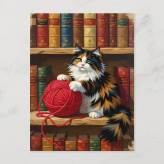 Calico Katze mit Garn auf einer virtuellen Bibliot Postkarte