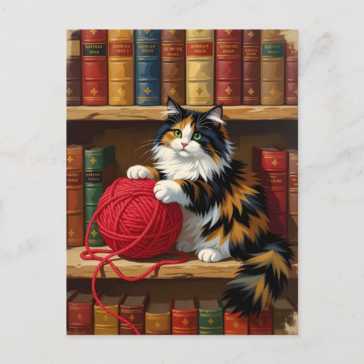 Calico Katze mit Garn auf einer virtuellen Bibliot Postkarte (Vorderseite)