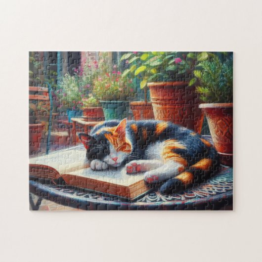 Calico Katze Schlafen auf einem Buchgarten Gemälde Puzzle (Horizontal)