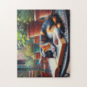 Calico Katze Schlafen auf einem Buchgarten Gemälde Puzzle (Vertikal)