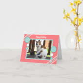 Calico Katze sitzend Foto Korken Türkis Karte (Gelbe Blume)