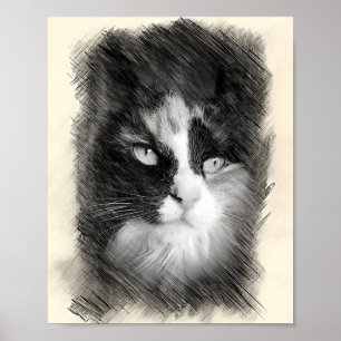 Calico-Katze Skizze Kunst - Feline Porträtzeichnun Poster