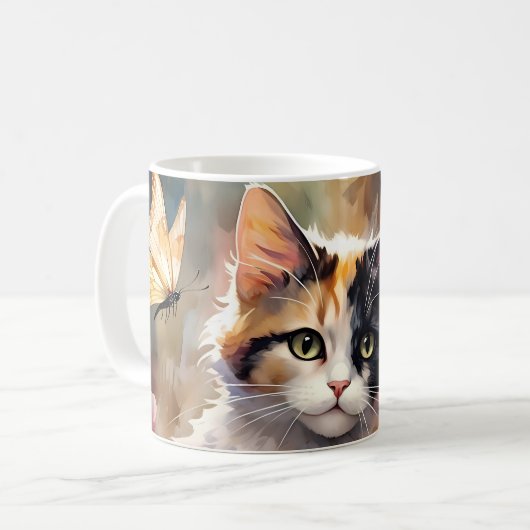 Calico Katze und Schmetterlinge im Frühlingspark Kaffeetasse (Vorderseite Links)