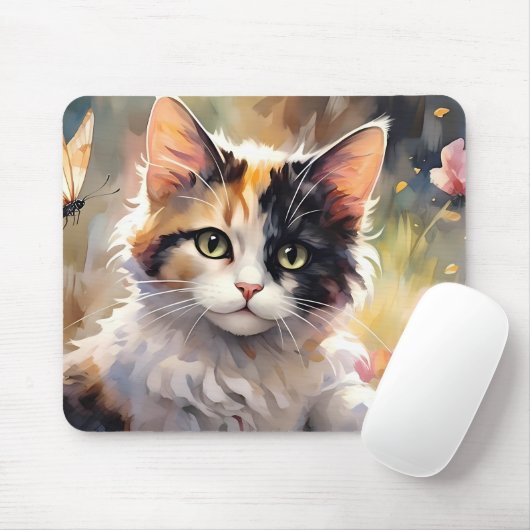 Calico Katze und Schmetterlinge im Frühlingspark Mousepad (Mit Mouse)