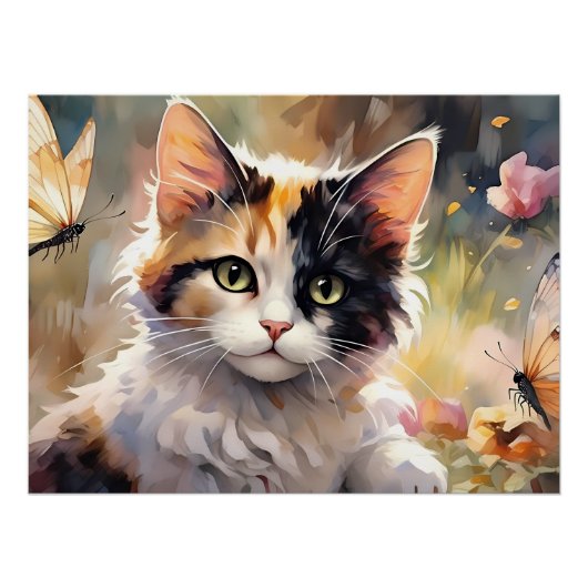 Calico Katze und Schmetterlinge im Frühlingspark Poster (Vorderseite)