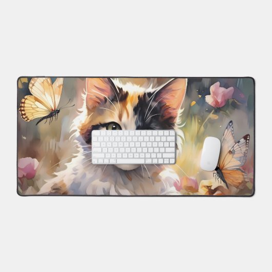 Calico Katze und Schmetterlinge im Frühlingspark Schreibtischunterlage (Tastatur & Maus)