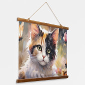 Calico Katze und Schmetterlinge im Frühlingspark Wandteppich Mit Holzrahmen (Gewinkelt)
